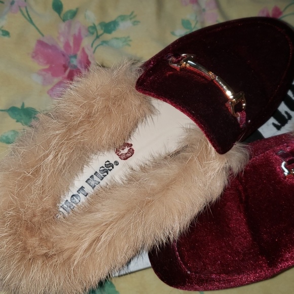 Burgundy Fluffy Slides/Mules - Picture 3 of 4